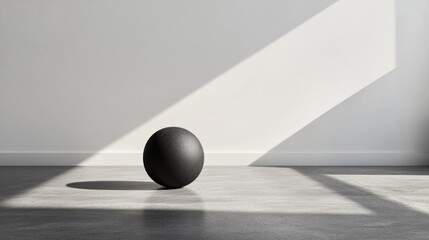 Black sphere resting on floor, sunlit minimalist room, studio backdrop