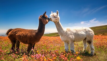 Obraz premium Cuddly alpacas joyfully touch noses in a vibrant wildflower field, embodying a whimsical and heartwarming connection amid nature's beauty. Their fluffy fur glistens in the sunlight