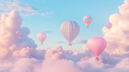 Obraz premium Pastel hot air balloons soar above fluffy clouds at sunrise; travel, dreamscape