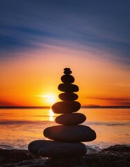 A beautifully arranged stone pyramid rises against the backdrop of a brilliant sunset. The serene waters reflect warm hues, inviting a sense of tranquility and balance in nature