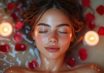 Woman Relaxing in Bath Reclining in Water Eyes Closed Smiling Surrounded by Rose Petals and Votive Candles Valentine's Day Spa Photorealistic Background Image Wallpaper Model Girl Women Long Hair Wet