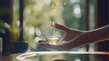 Naklejka premium Woman pouring water into a glass bowl, indoor spa, sunlight, relaxation, wellness