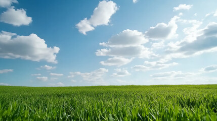 Obraz premium vast green field under bright blue sky with scattered fluffy clouds creates serene and peaceful atmosphere