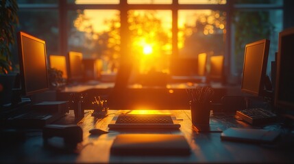 Sunset office workspace computers in focus