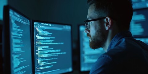 Male expert focuses on computer screens filled with code. Dark office room setting. Tech pro analyzes security data. Intense concentration on cyber protection system. Nighttime scene in tech