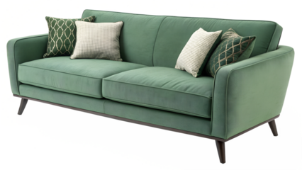 Comfortable modern green sofa with pillows
