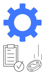 Blue gear, clipboard with a checkmark, and coin highlighting processes, financial management, and goal achievement. Ideal for productivity, finance, task planning, workflow success process
