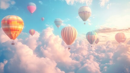 Fototapeta premium Colorful hot air balloons soar above fluffy clouds at sunrise, idyllic travel advertisement