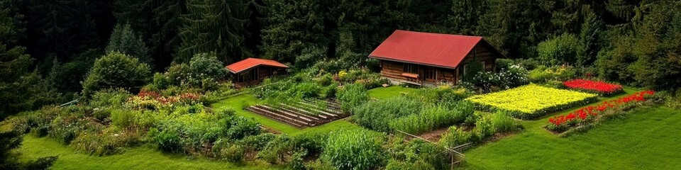 Terraced Garden With Colorful Flowers And Small Buildings