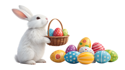 Cute bunny holding a basket of colorful eggs