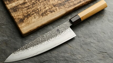 Sharp kitchen knife on a gray slate surface