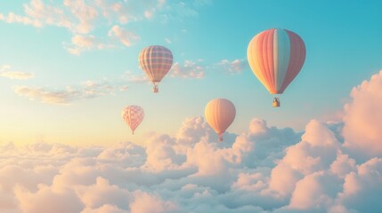 Fototapeta premium Hot air balloons soar above clouds at sunrise, travel, freedom