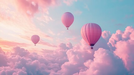 Obraz premium Pink hot air balloons soar above pastel sunrise cloudscape