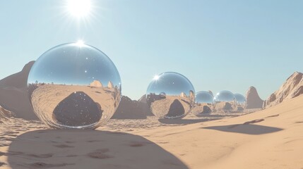 Chrome spheres reflect desert landscape, sun glare, futuristic design