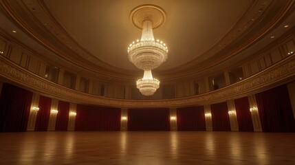 Fototapeta premium Grand ballroom chandelier, elegant interior, night event, wood floor, luxury