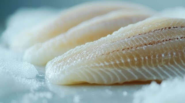 Fresh fish fillets on ice, close-up, kitchen, food preparation