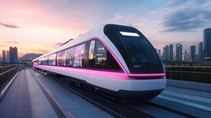 Naklejka premium Futuristic train speeds through city at sunset