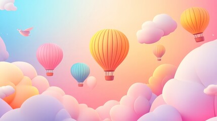 Colorful hot air balloons soar above pastel cloudscape; sunrise background, ideal for travel posters