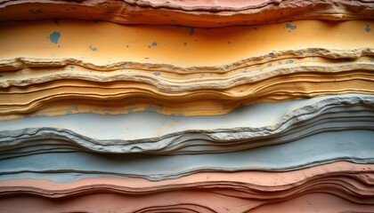 Close-up view of layered rock formations. Colorful strata exhibit different sediment layers. Rock layers show wavy patterns suggesting geological processes like erosion sedimentary deposition.