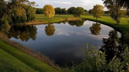 Tranquil Pond Reflecting Trees and Cloudy Sky