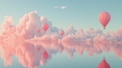 Obraz premium Pink hot air balloons soar above dreamy cloudscape reflected in calm water, ideal for travel posters