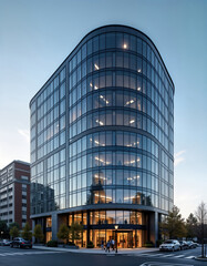 Obraz premium Modern office building exterior in city center. Glass facade with windows reflecting light. People walking at street level. Daylight urban scene. Commercial property. City landscape view from street