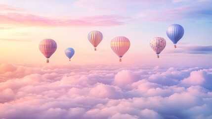 Fototapeta premium Colorful hot air balloons soar above pastel clouds at sunrise, idyllic travel imagery