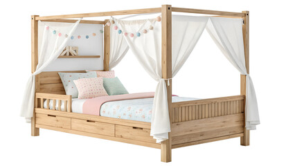Wooden canopy bed with decorative curtains