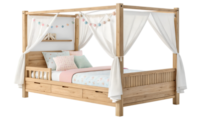 Wooden canopy bed with decorative curtains