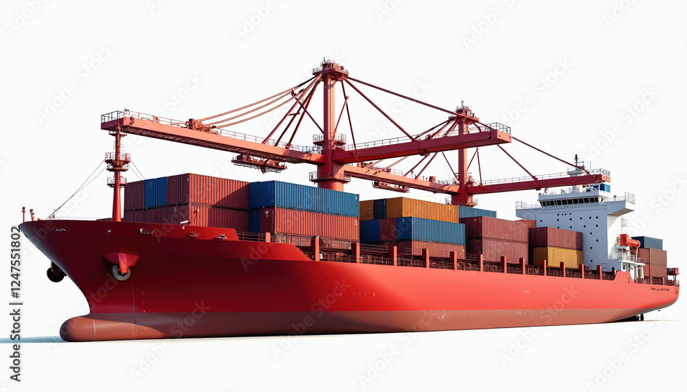 Poster red cargo ship loaded with colorful containers. large loading cranes attached to ship. ship isolated