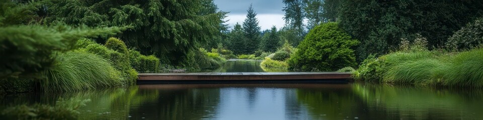 Obraz premium Tranquil Water Scene With Wooden Dock And Lush Foliage