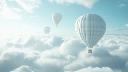 Naklejka premium White hot air balloons soar above fluffy clouds, serene sky, travel