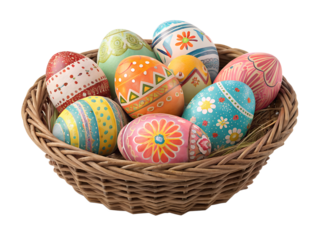 Colorful decorative eggs in a basket for Easter