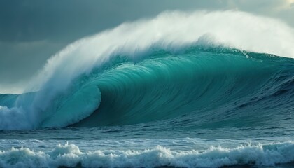 Massive wave crashes against ocean shore. Powerful water surge. Big wave hitting coast. Tsunami waves. Nature disaster. Powerful ocean wave. Ocean storm. Stormy weather. Dangerous coast. Huge wave.