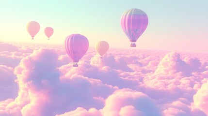 Obraz premium Pastel hot air balloons soar above dreamy cloudscape at sunrise; travel, tourism