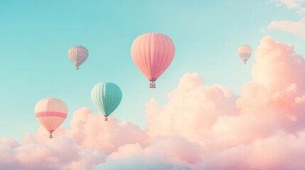 Obraz premium Pastel hot air balloons soar above fluffy clouds at sunrise, ideal for travel posters