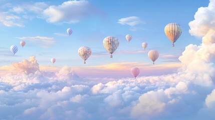 Obraz premium Colorful hot air balloons soar above fluffy clouds at sunrise, idyllic travel scene