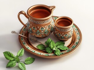 Fototapeta premium Elegant Tea Set with Mint Leaves: A Moment of Tranquility and Tradition