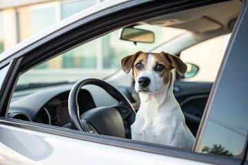 Curious Dog Sitting in a Car Driver's Seat