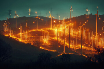 Fototapeta premium Digital Wind Energy Concept with Turbines and Data Visualization