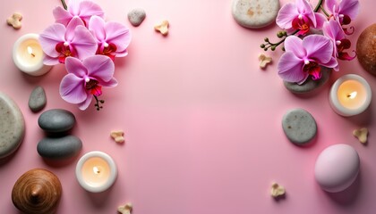 Obraz na płótnie Canvas Pink spa background displays orchids candles, sea stones. Relaxation, wellness products create serene atmosphere. Top view offers plenty of copy space. Ideal for beauty spa products. Aesthetic evokes