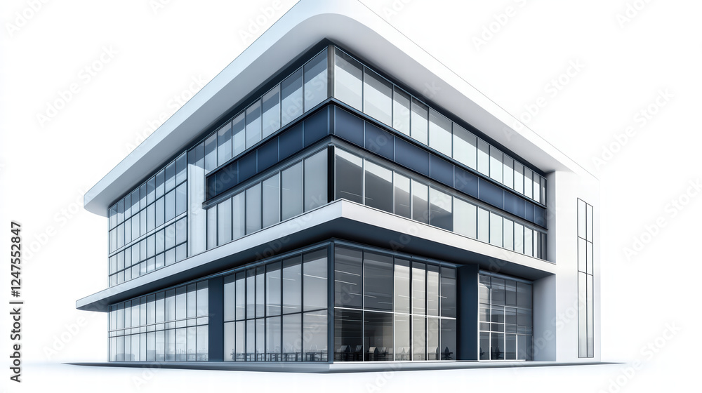 Poster modern office building with unique architectural design and large glass windows, showcasing sleek an