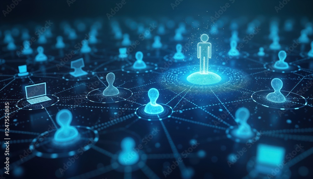Poster futuristic illustration of ai algorithms analyzing social media data. network of digital people conn