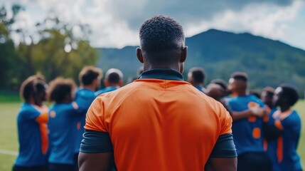 Coach addresses rugby team, pre-game huddle, outdoor field, mountains