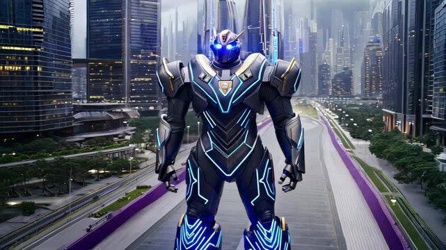 Giant futuristic robot stands in a vibrant cityscape with towering skyscrapers and neon lights
