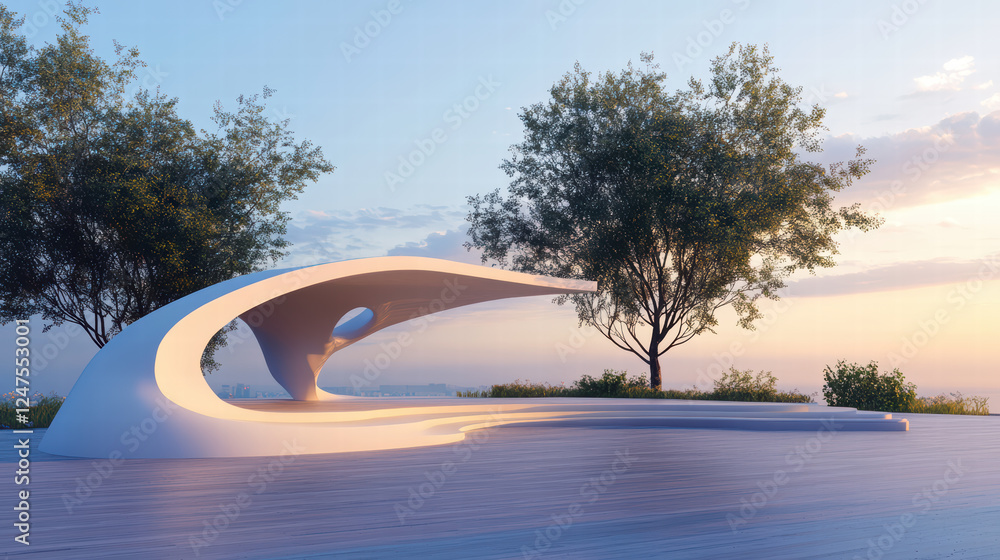Poster modern pavilion with open spaces, surrounded by trees, showcasing sleek design and tranquil atmosphe
