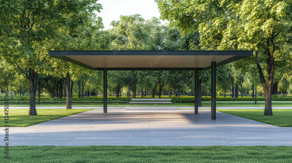 Poster modern pavilion with open spaces surrounded by lush greenery, offering serene environment for relaxa