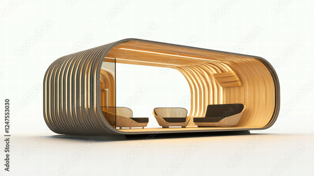 Poster modern pavilion with open spaces, featuring wooden structure and stylish furniture. this design emph