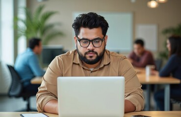 Latin man works on laptop in Mexico City office. Businessman sits at desk typing. Focus on work. Modern office environment. Busy work scene. Concentrated on tech. Office life in Mexico. Plus size