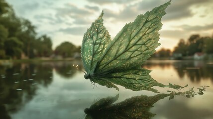 Naklejka premium A fantastical green butterfly with shimmering wings gracefully glides over a tranquil lake at sunset, creating a magical scene